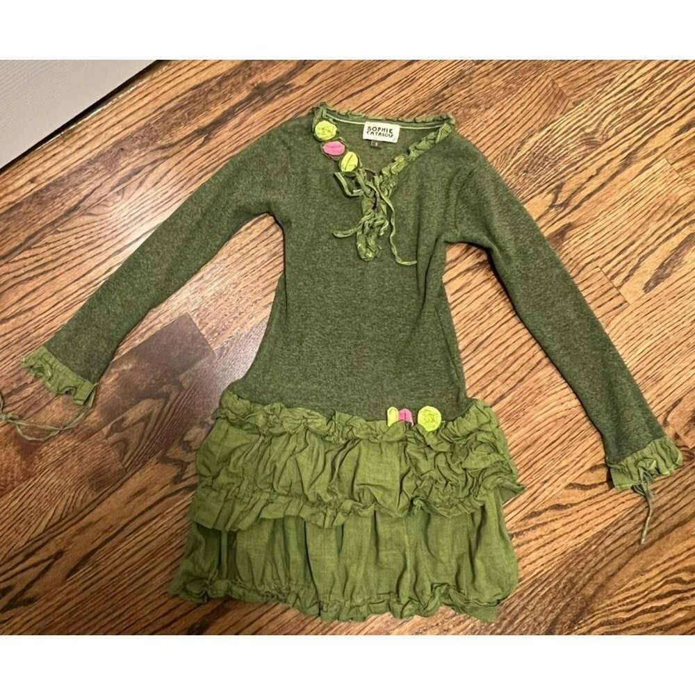 Sophie Catalou | Green Ruffle Dress Roses Girls Sz 5
